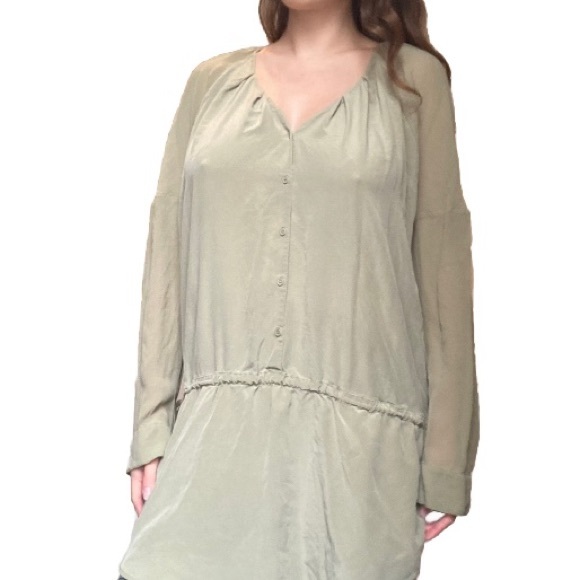 Aritzia Wilfred 100% Silk Bossut Sage Green Long Sleeve Fall Dress Button M Fall - Picture 1 of 11